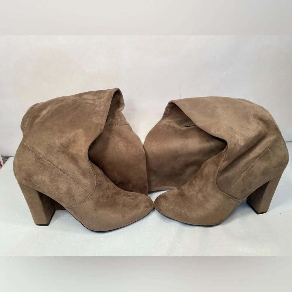 TAUPE FAUX SUEDE THIGH HIGH BOOTS SIZE 11 4” HEELS NWOT